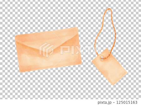 Paper brown envelope with blank tag on rope.Illustration with watercolors and markers.Vintage clip art with kraft paper.Hand drawn isolated sketch.Label for your text, concept invitation or template. 125015163
