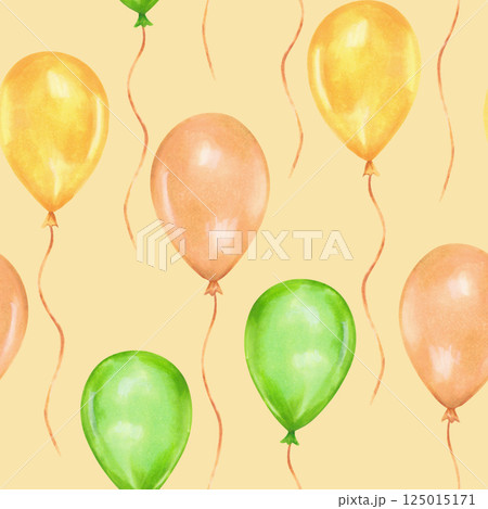 Balloons pattern. Watercolor and marker illustration. Seamless background for birthday, Patrick's day. Hand drawn isolated art. Suitable for textile, wallpaper, packaging, holiday decoration 125015171