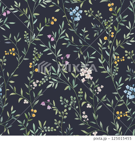 Seamless pattern with tree branches and leaves for surface design and other design projects. modern trend drawing in line art style. Delicate small leaves in watercolor style Seamless pattern with tree branches and leaves for surface design and other design projects. modern trend drawing in line art style. Delicate small leaves in watercolor style 125015455