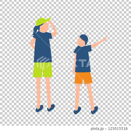 Illustration of a boy pointing in the direction and a woman looking in that direction 125015516
