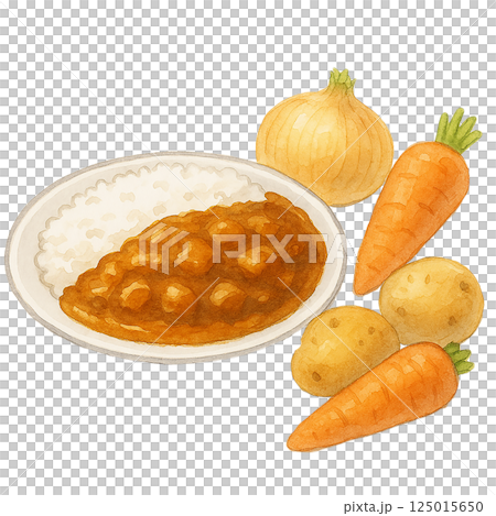 Watercolor illustration of curry rice and vegetable ingredients (carrots, potatoes, onions) 125015650