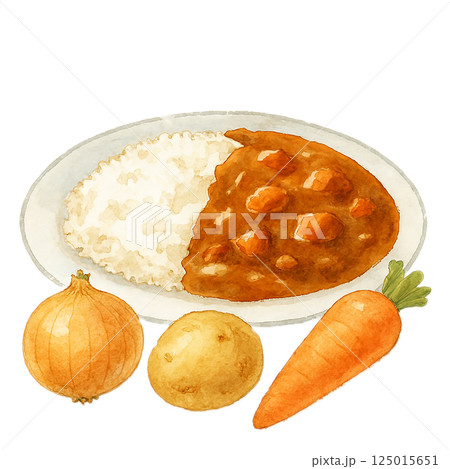 カレーライスと野菜の具材（にんじん・じゃがいも・玉ねぎ）の水彩風イラスト 125015651
