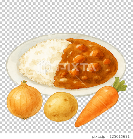 カレーライスと野菜の具材（にんじん・じゃがいも・玉ねぎ）の水彩風イラスト 125015651