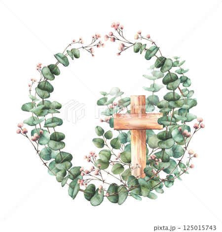 Wooden cross with Eucalyptus plant leaves and Gypsophila flower watercolor wreath. Religion Circle frame painted illustration. Realistic template for first communion, baptism, Easter Isolated clipart Wooden cross with Eucalyptus plant leaves and Gypsophila flower watercolor wreath. Religion Circle frame painted illustration. Realistic template for first communion, baptism, Easter Isolated clipart 125015743