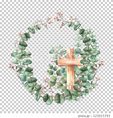 Wooden cross with Eucalyptus plant leaves and Gypsophila flower watercolor wreath. Religion Circle frame painted illustration. Realistic template for first communion, baptism, Easter Isolated clipart Wooden cross with Eucalyptus plant leaves and Gypsophila flower watercolor wreath. Religion Circle frame painted illustration. Realistic template for first communion, baptism, Easter Isolated clipart 125015743