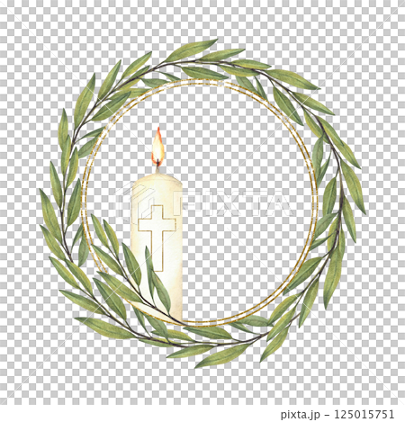 Burning candle with golden cross and green olive tree branch circle frame. Watercolor religious wreath hand drawn illustration for church wedding christening, first communion card, funeral Isolated  125015751