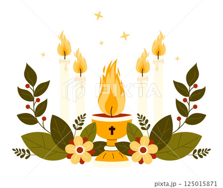 Religion. Sacred Flame. Church Chalice with Fire, burning Candles with Flowers and leaves. Vector Illustration. Spiritual Life. Spiritual Holiday. Universal symbol of hope, light and faith Religion. Sacred Flame. Church Chalice with Fire, burning Candles with Flowers and leaves. Vector Illustration. Spiritual Life. Spiritual Holiday. Universal symbol of hope, light and faith 125015871