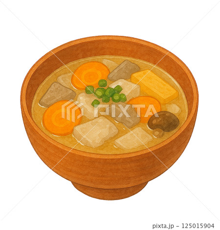 具だくさん豚汁の水彩風イラスト（大根・にんじん・豆腐・こんにゃく入り） 125015904