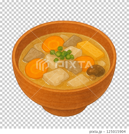 具だくさん豚汁の水彩風イラスト（大根・にんじん・豆腐・こんにゃく入り） 125015904