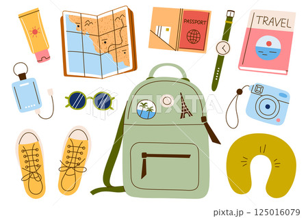 Flat cartoon illustration set, travel packing for women. Stylish vacation items and essentials for solo trip and summer holiday in doodle style, road trip backpack packing, vector icons collection 125016079