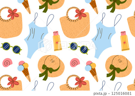 Cartoon summer pattern for women vacation. Flat vector illustrations with tropical holiday vibes, stylish accessories and beach essentials in doodle style, travel packing icons, colored clipart Cartoon summer pattern for women vacation. Flat vector illustrations with tropical holiday vibes, stylish accessories and beach essentials in doodle style, travel packing icons, colored clipart 125016081