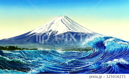 富士山　海　和紙　生成AI　背景 125016271