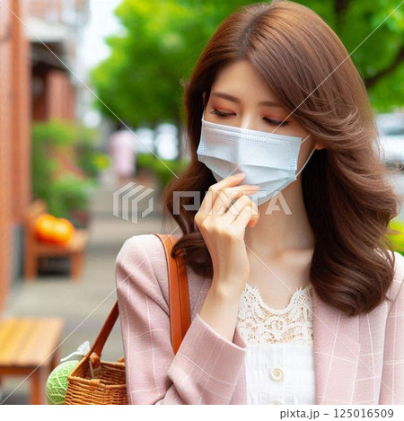 花粉症なのかマスクを付けてる若い女性 125016509
