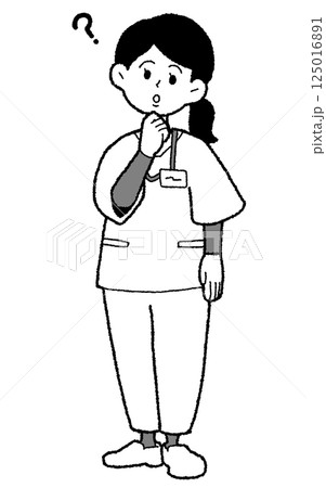 手描き風　スクラブを着た女性医師　モノクロ はてな 125016891