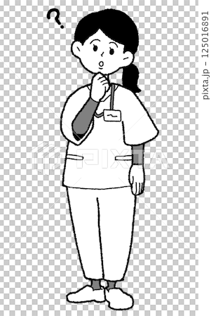手描き風　スクラブを着た女性医師　モノクロ はてな 125016891