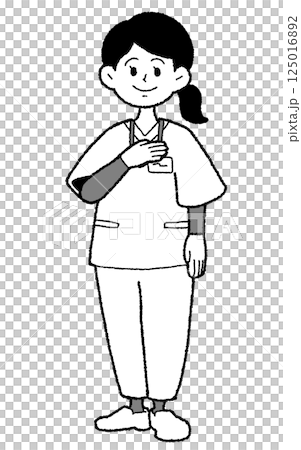 手描き風 スクラブを着た女性医師 モノクロ 胸に手を当てる 手描き風 スクラブを着た女性医師 モノクロ 胸に手を当てる 125016892