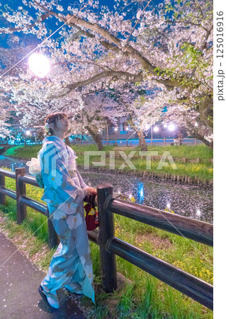 花筏が浮かぶ川越新河岸川の桜ライトアップとミドルの着物の女性 花筏が浮かぶ川越新河岸川の桜ライトアップとミドルの着物の女性 125016916