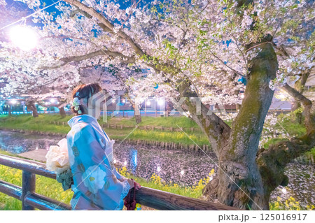 花筏が浮かぶ川越新河岸川の桜ライトアップとミドルの着物の女性 花筏が浮かぶ川越新河岸川の桜ライトアップとミドルの着物の女性 125016917