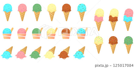 色々なフレーバーのアイスのイラストセット(コーン、カップ) 色々なフレーバーのアイスのイラストセット(コーン、カップ) 125017084