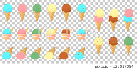 Illustration set of various flavors of ice cream (cones, cups) 125017084