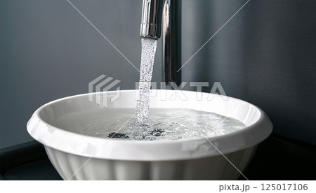 water flowing from faucet in bathroom, water flowing steadily from a chrome faucet into a clean, water flowing faucet, clean water basin, dripping water basin, water steadily dripping from a hole 125017106