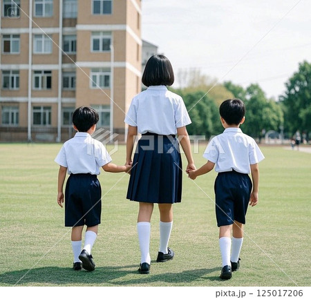 制服を着た3人姉弟の後ろ姿 125017206