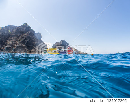 ヒリゾ浜の半水面撮影。大根島の前を石廊崎遊覧船のマリンバード号が通過した。ヒリゾ浜中木南伊豆町伊豆 ヒリゾ浜の半水面撮影。大根島の前を石廊崎遊覧船のマリンバード号が通過した。ヒリゾ浜中木南伊豆町伊豆 125017265