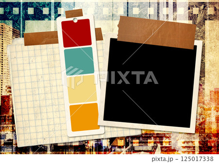 Grunge background with photo and swatch color strip fixed adhesive tape. Horizontal retro template collage with photoframe. Moodboard pictures album for scrapbooking. Vintage style mood board layout 125017338