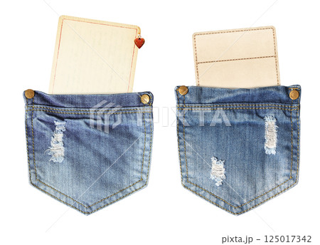 Set of blank paper tag in jeans pocket. Collection eco-friendly paper label in denim pocket. Sustainable development of strategy approach to zero waste, responsible consumption. Isolated on white Set of blank paper tag in jeans pocket. Collection eco-friendly paper label in denim pocket. Sustainable development of strategy approach to zero waste, responsible consumption. Isolated on white 125017342