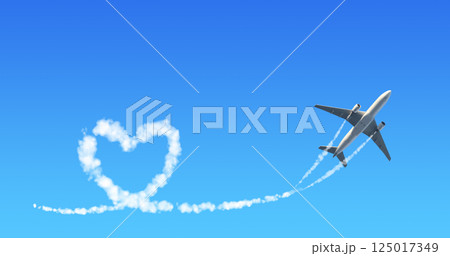 Horizontal background with aircraft. Airplane drawing a heart in sky. Jet flight route of aircraft in shape of a heart in blue sky. Topic of summer holiday, travel, trip abroad on vacation 125017349
