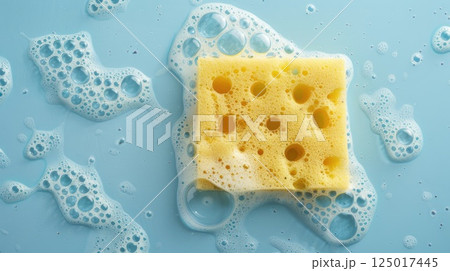 Foamy sponge on blue. Generative AI 125017445