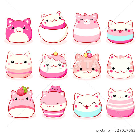 Set of traditional Chinese animal-shaped mantou buns. Collection of cute cat-shaped asian dessert in kawaii style. Can be used for t-shirt print, sticker, greeting card. Vector illustration EPS8 125017683
