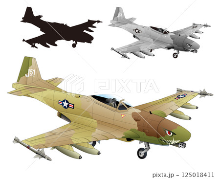 レトロな米軍P-51マスタングを現代的軽ジェット戦闘攻撃機に進化させた迷彩塗装版オリジナルイラスト 125018411