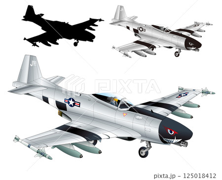 レトロな米軍P-51マスタングを現代的軽ジェット戦闘機にトランスフォーム進化させたオリジナルイラスト 125018412