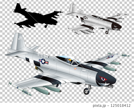 レトロな米軍P-51マスタングを現代的軽ジェット戦闘機にトランスフォーム進化させたオリジナルイラスト 125018412