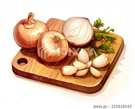 まな板の上の玉ネギとニンニク 125018543