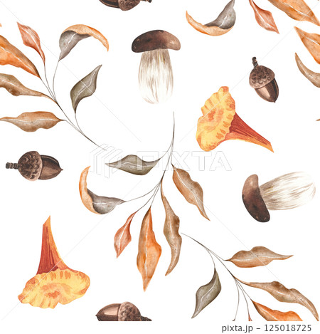 Seamless pattern watercolor hand drawn with acorns, mushrooms and autumn leaves. Ideal for wallpaper, gift paper, pattern fill, web page background, autumn greeting cards. Seamless pattern watercolor hand drawn with acorns, mushrooms and autumn leaves. Ideal for wallpaper, gift paper, pattern fill, web page background, autumn greeting cards. 125018725
