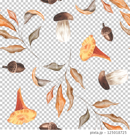 Seamless pattern watercolor hand drawn with acorns, mushrooms and autumn leaves. Ideal for wallpaper, gift paper, pattern fill, web page background, autumn greeting cards. Seamless pattern watercolor hand drawn with acorns, mushrooms and autumn leaves. Ideal for wallpaper, gift paper, pattern fill, web page background, autumn greeting cards. 125018725