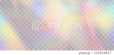 Blurred rainbow refraction overlay effect. Light lens prism effect on transparent background. Holographic reflection, crystal flare leak shadow overlay. Vector abstract illustration. Blurred rainbow refraction overlay effect. Light lens prism effect on transparent background. Holographic reflection, crystal flare leak shadow overlay. Vector abstract illustration. 125018827