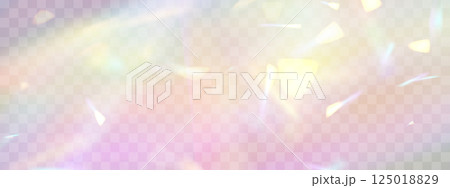 Blurred rainbow refraction overlay effect. Light lens prism effect on transparent background. Holographic reflection, crystal flare leak shadow overlay. Vector abstract illustration. 125018829