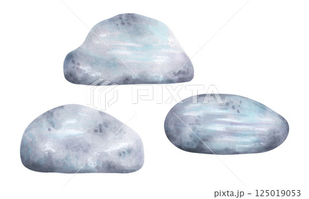 Sea stones set. Pebbles for ocean landscape design. Watercolor and marker illustration. Stone clipart for landscape design and nature scenes. Hand drawn isolated art. Geological minerals drawing. 125019053