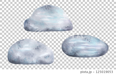 Sea stones set. Pebbles for ocean landscape design. Watercolor and marker illustration. Stone clipart for landscape design and nature scenes. Hand drawn isolated art. Geological minerals drawing. 125019053