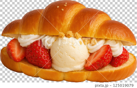 Freshly baked Shio Pan bread with strawberries and ice cream 125019079