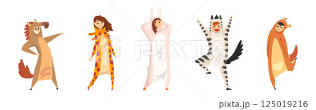 Man and Woman Dressed in Onesie Representing Various Animal Vector Set 125019216