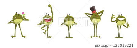 Cute Green Frog Croaking and Leaping Animal Vector Set 125019221
