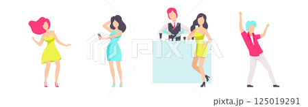 People Character Resting and Drinking Cocktails at Bar or Nightclub Vector Set 125019291