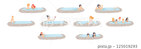 People Character Relaxing in Spring Thermal Pool or Bath Vector Set 125019293