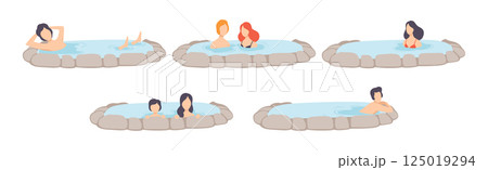 People Character Relaxing in Spring Thermal Pool or Bath Vector Set 125019294