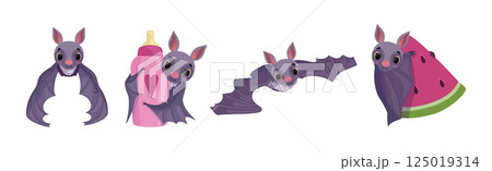 Funny Bat Flying Character with Fangs and Wing Vector Set 125019314