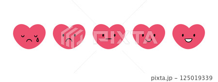 Cute doodle heart face icon set. Smile, sad, cry heart. Love kawaii emoji. Hand drawn romantic emoticon. Expression valentine shape. Good bad mood. Vector illustration isolated on white background Cute doodle heart face icon set. Smile, sad, cry heart. Love kawaii emoji. Hand drawn romantic emoticon. Expression valentine shape. Good bad mood. Vector illustration isolated on white background 125019339